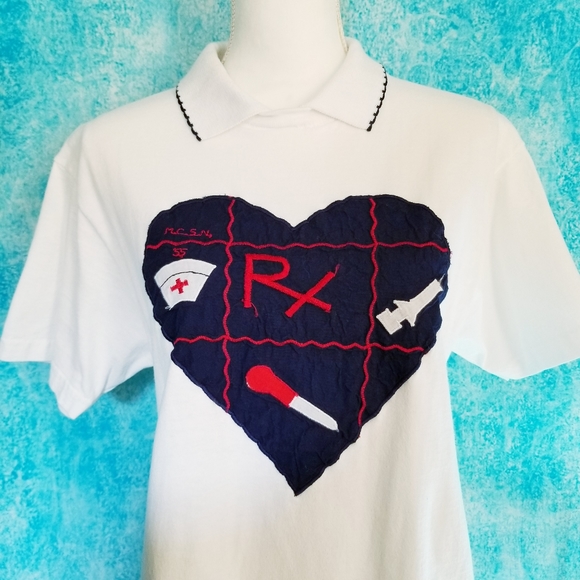 Vintage Tops - VTG Nurse RN White Polo Patchwork Tee Shirt